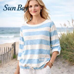 SunBay,Blue Stripe Cotton,Top,Boat-Neck Drawstring Hem Coastal Nautical,Size XL